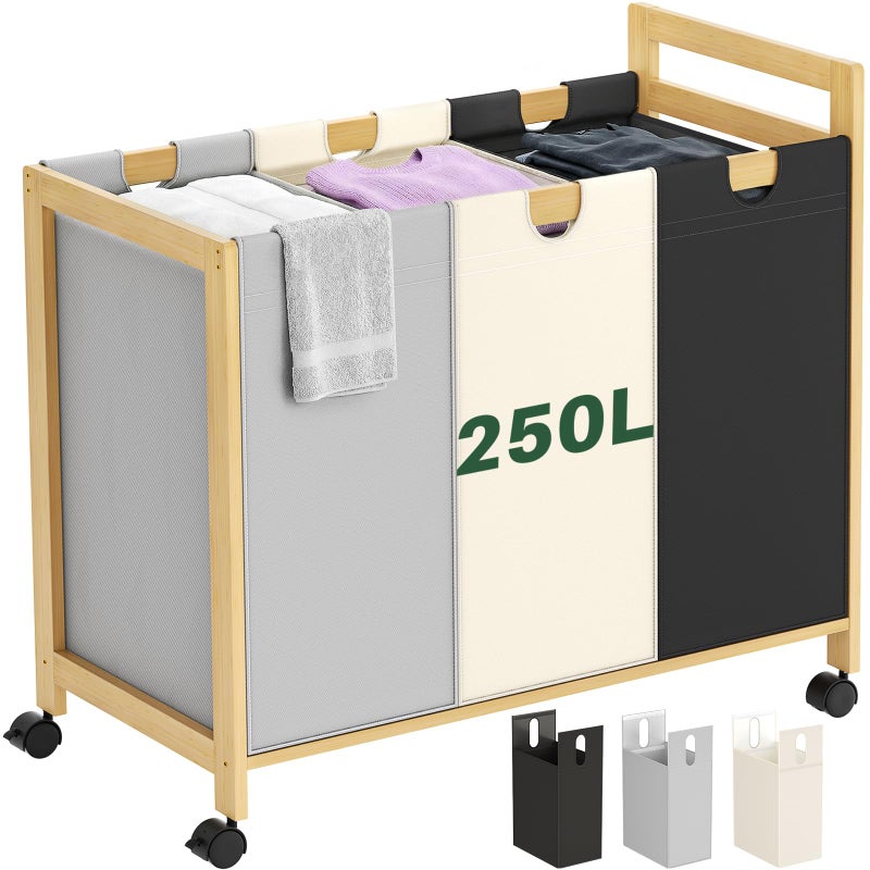 Homykic 250L Laundry Sorter Cart with Wheels, 3-Section Rolling Laundry Basket with Removable Bags, 66 Gal Large Laundry Hamper Organizer, Heavy Duty Bamboo Frame, Water-Resistant, Multicolor - Image 1