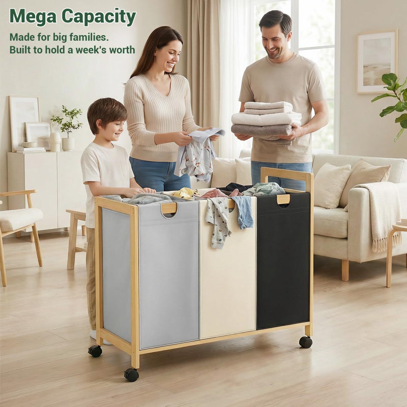 Homykic 250L Laundry Sorter Cart with Wheels, 3-Section Rolling Laundry Basket with Removable Bags, 66 Gal Large Laundry Hamper Organizer, Heavy Duty Bamboo Frame, Water-Resistant, Multicolor - Image 3