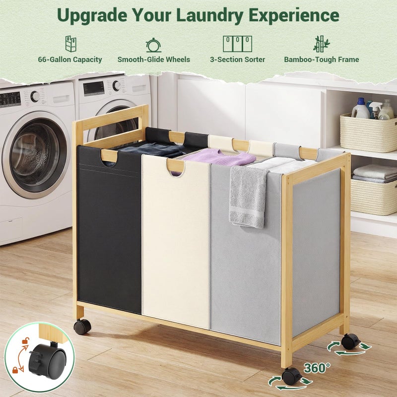 Homykic 250L Laundry Sorter Cart with Wheels, 3-Section Rolling Laundry Basket with Removable Bags, 66 Gal Large Laundry Hamper Organizer, Heavy Duty Bamboo Frame, Water-Resistant, Multicolor - Image 2
