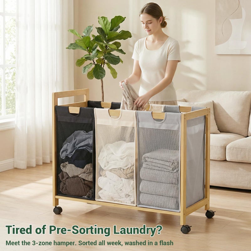Homykic 250L Laundry Sorter Cart with Wheels, 3-Section Rolling Laundry Basket with Removable Bags, 66 Gal Large Laundry Hamper Organizer, Heavy Duty Bamboo Frame, Water-Resistant, Multicolor - Image 4
