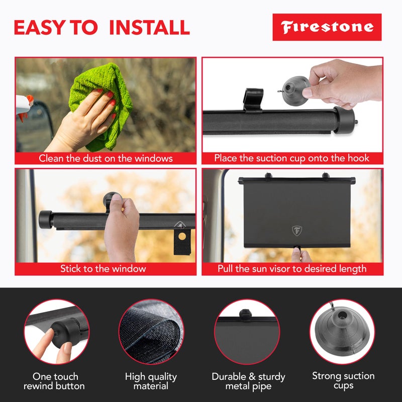Firestone 2 Pack Retractable Automotive Sunshade Car Window Sunshades - Blocks 99% UV Rays, Lightweight & Compact Car Side Window Shade with Automatic Retract Button, Blocks Glare & Heat, Black - Image 5