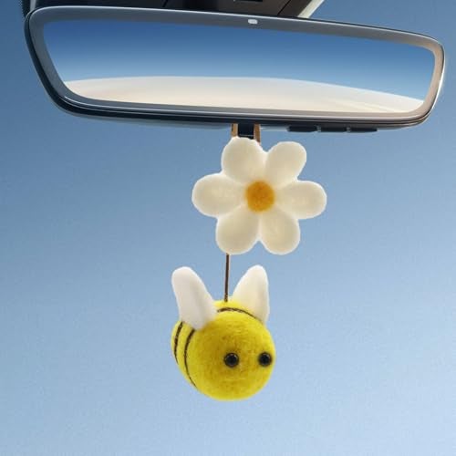 ORIESSE Bee Flower Car DecorCute Car Rear View Mirror Hanging AccessoriesHand Made Boho Wool Felt Dangling Aroma Diffuser Ornament gift for Women - Image 1