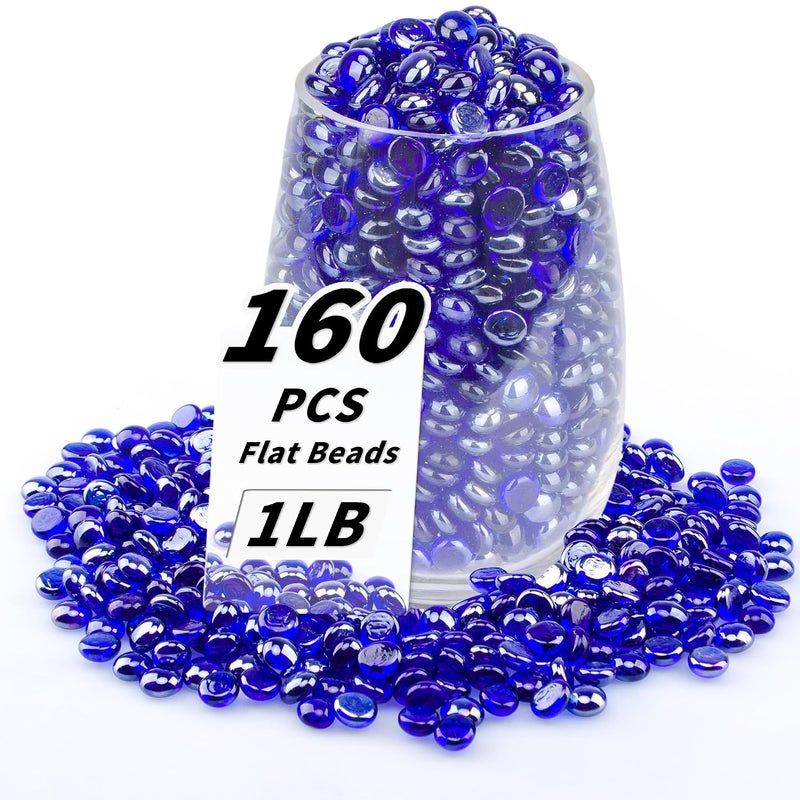 Foncomy 1 LB Blue Flat Glass Beads, 160-180PCS Small Glass Marbles, Mini Flat Round Pebbles for Vase Filler and Floral, Fish Tank Rocks Decorative Gemstones for Home and Aquarium Décor - Image 1