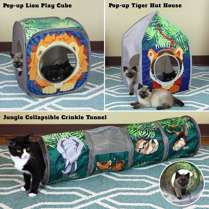 Kitty City Safari Jungle Cat Play Set, Collapsible Pop-Up Cat Toys Combo with Cube, Tunnel & Hideout, Interactive Indoor Cat Playhouse for Exercise, Hiding & Lounging - Image 3