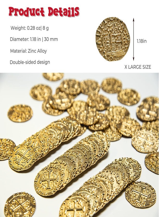 Prefdo Metal Pirate Coins, 35PCS X Large Gold Treasure Coin Set Spanish Doubloon Replicas Fantasy Metal Coins Pirate Gold Coins for Board Games Tokens Pirate Party Cosplay - Image 2
