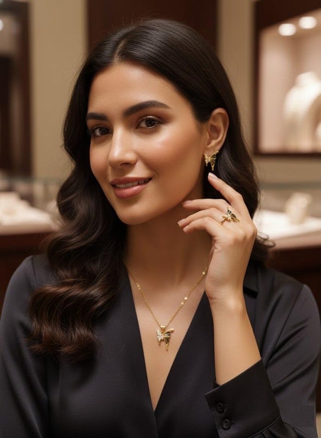FOREWILD 3 Pcs Butterfly Jewelry Set - Includes 1 Gold-Tone Chain Necklace with Butterfly Pendant and 2 Matching Drop Earrings, Cute Lightweight Fashion Accessory Gift for Women and Girls - Image 3