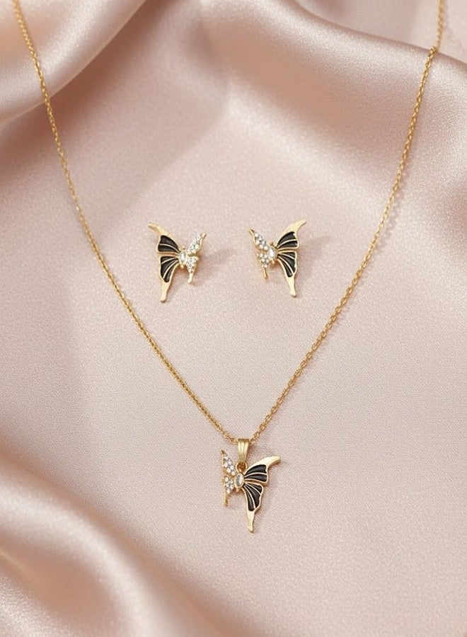 FOREWILD 3 Pcs Butterfly Jewelry Set - Includes 1 Gold-Tone Chain Necklace with Butterfly Pendant and 2 Matching Drop Earrings, Cute Lightweight Fashion Accessory Gift for Women and Girls - Image 1