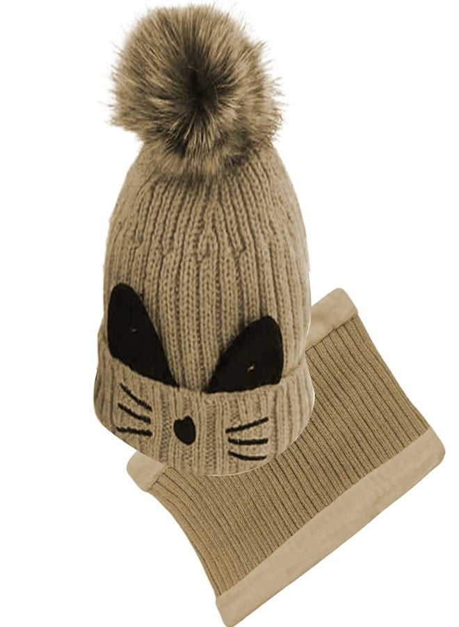 Niue Kid's Boy's & Girl's Winter Warm Pom Pom Cat Cap and Fleece Scarf Set (Beige) - Image 1