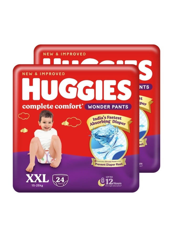 Huggies Complete Comfort Wonder Pants | Pant Style Baby Diapers Double Extra Large (XXL) Size, 48 Count | India's Fastest Absorbing Diaper, Prevents Diaper Rash, Ideal for 15 to 25 Kgs (24 Count, Pack