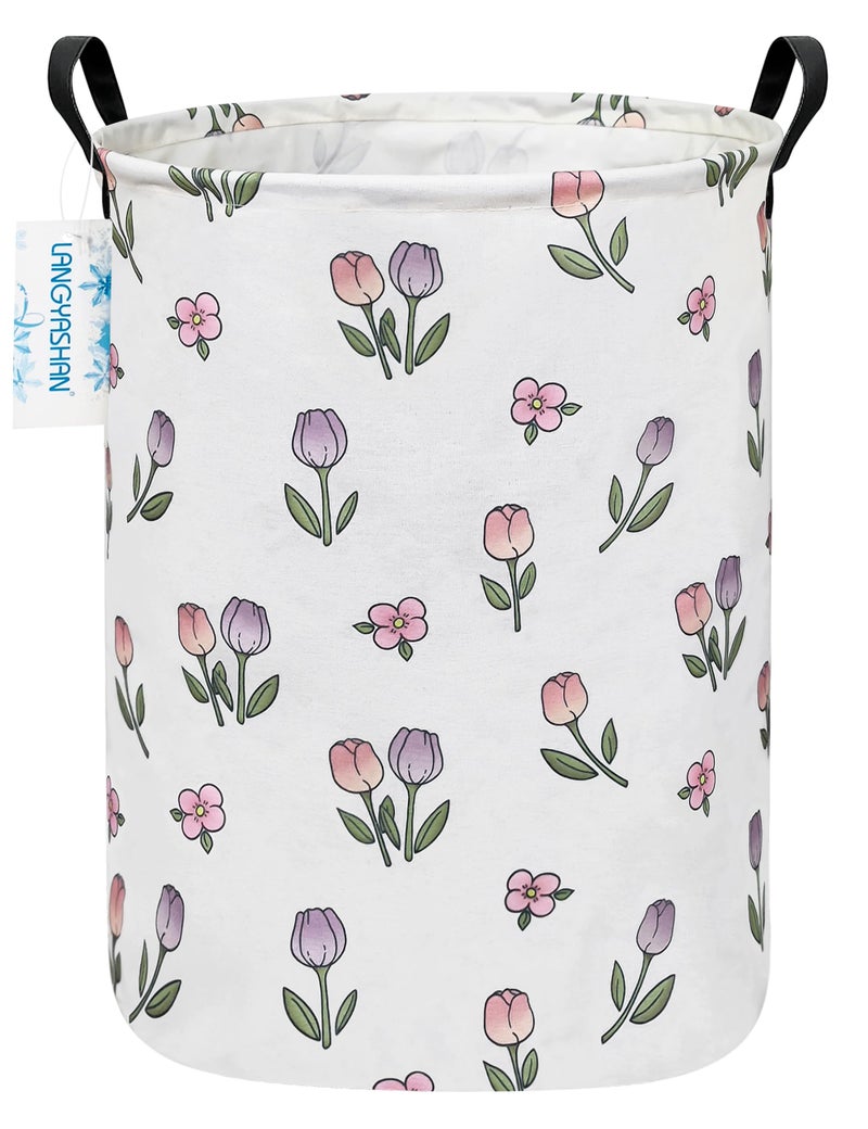 LANGYASHAN Laundry Basket Canvas Fabric Collapsible Organizer Basket for Storage Bin Toy Bins Gift Baskets Bedroom Clothes Children Nursery Hamper (Tulip) - Image 1