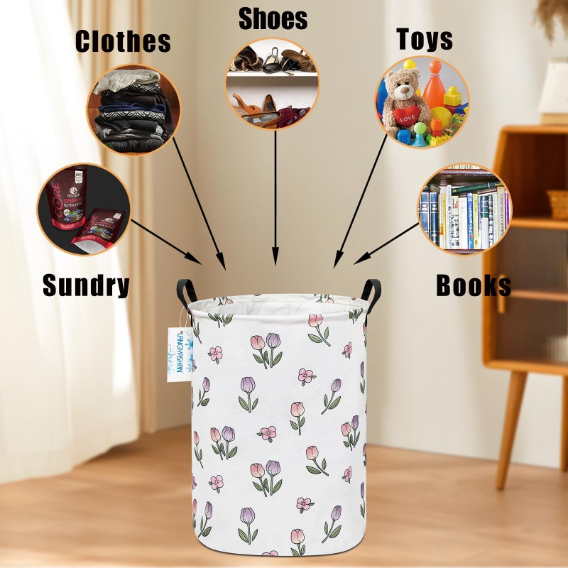 LANGYASHAN Laundry Basket Canvas Fabric Collapsible Organizer Basket for Storage Bin Toy Bins Gift Baskets Bedroom Clothes Children Nursery Hamper (Tulip) - Image 4