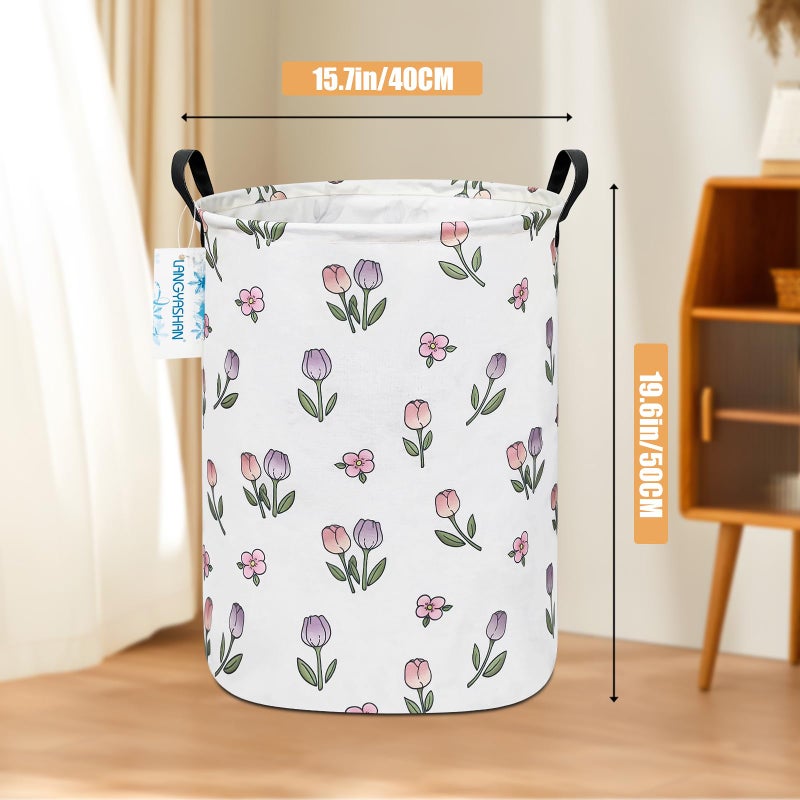 LANGYASHAN Laundry Basket Canvas Fabric Collapsible Organizer Basket for Storage Bin Toy Bins Gift Baskets Bedroom Clothes Children Nursery Hamper (Tulip) - Image 2