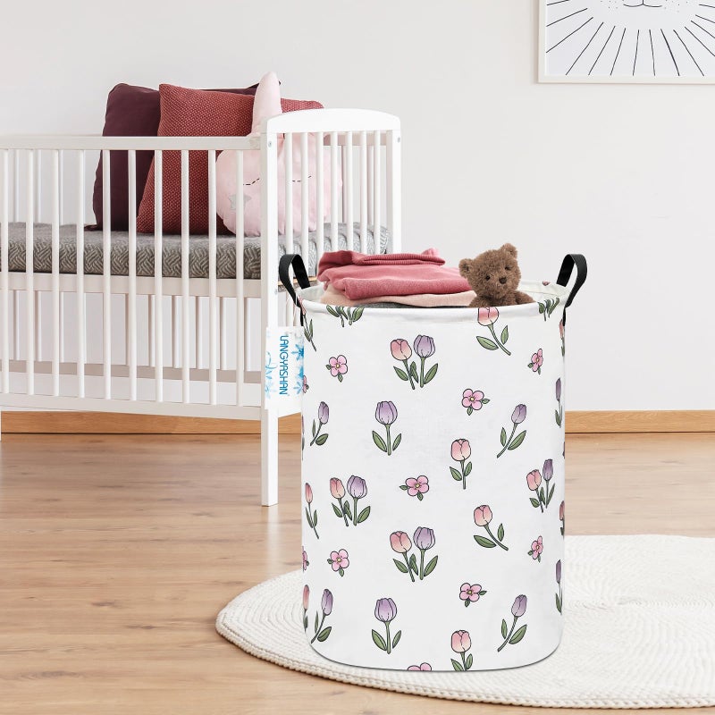 LANGYASHAN Laundry Basket Canvas Fabric Collapsible Organizer Basket for Storage Bin Toy Bins Gift Baskets Bedroom Clothes Children Nursery Hamper (Tulip) - Image 5