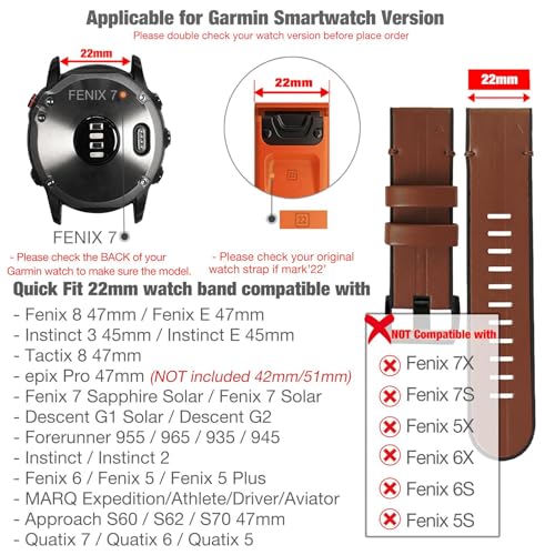 Abanen Genuine Leather Watch Band, QuickFit 22mm, Soft Sweatproof Silicone for Garmin Fenix 6/5/7, Instinct, EPIX 2, Approach S62/S60, Brown - Image 2