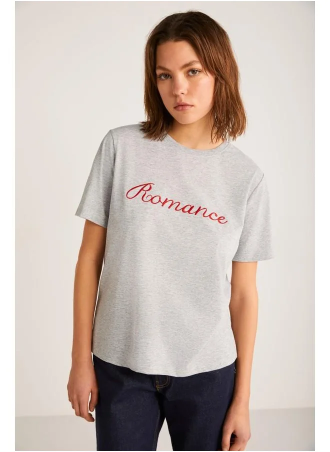 GRIMELANGE Grimelange Elestren Women's Oversize Short Sleeve Front Red Printed Detail Grey T-Shirt