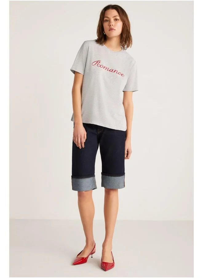 GRIMELANGE Grimelange Elestren Women's Oversize Short Sleeve Front Red Printed Detail Grey T-Shirt