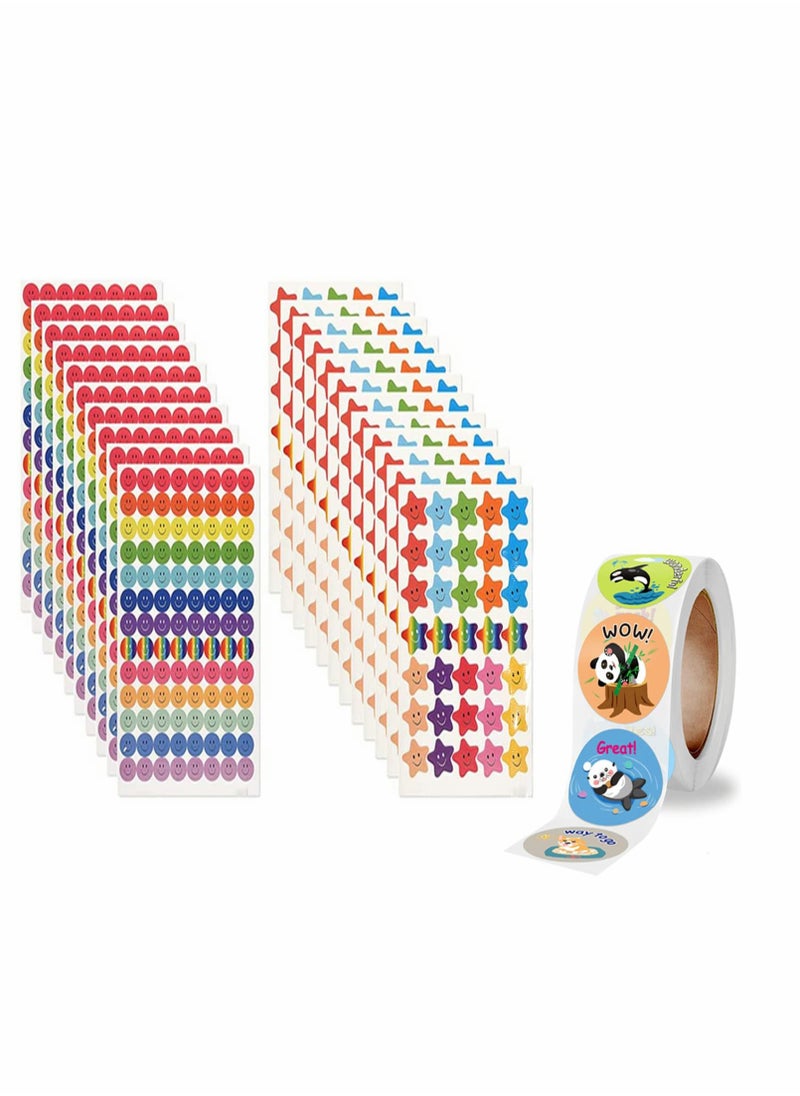 Excefore Happy Face Star Stickers, Cute Animal Reward Stickers for Teachers, Motivational Incentive Stickers for Kids, Round Cartoon Labels for Students All Class 1 Roll and 20 Sheets  - Image 1