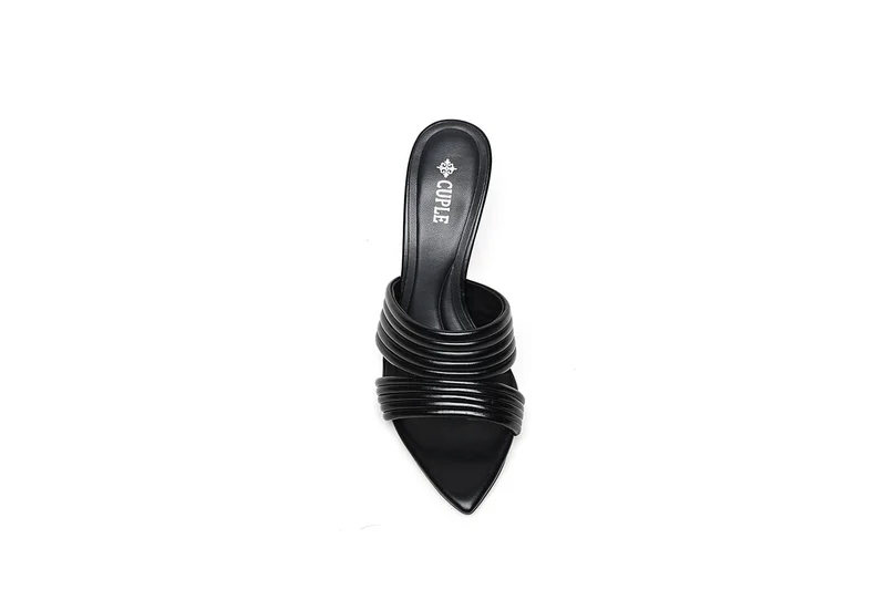 Cuple heeled slide sandal with ribbed straps