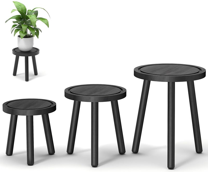 Vecxoty 3-Pack Wood Plant Stands Indoor, Single Plant Stand for 6-12 Inch Pots, Mid-Century Modern Plant Stool, Tall Plant Stand for Large Plants for Living Room, Balcony, Office (Black) - Image 1