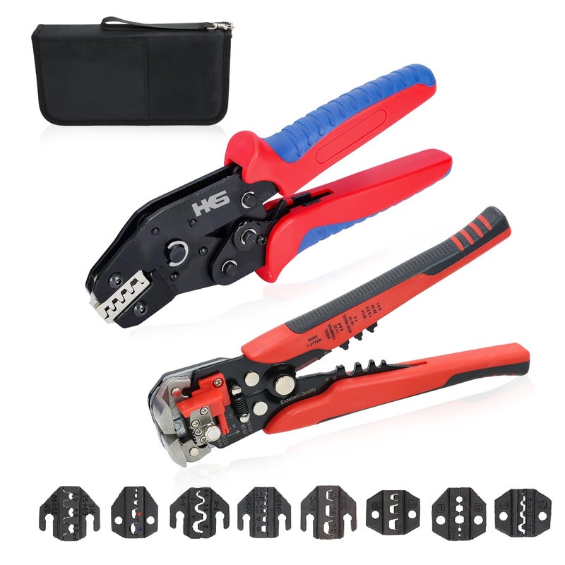 HKS Ratcheting Crimping Tool Set 12 PCS with Wire Stripper Changeable Jaws for Dupont JST MOLEX Open Barrel Terminals Insulated NonInsulated Ferrules Butt Connectors Solar Coax Connectors