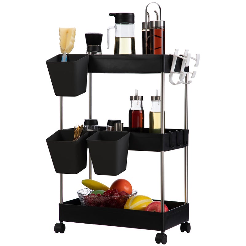 DOEWORKS Storage Trolley Cart 3Tier Storage Cart with Wheels Rolling Utility Cart with Hanging Cups MultiPurpose Storage Shelf Rack for Kitchen Bathroom Bedroom Office Black