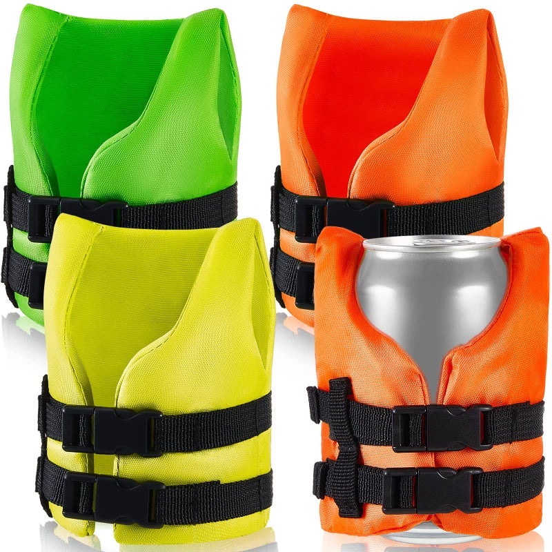 Suclain 3 Pcs Puffer Jacket Cup Holder Vest Can Cooler Life Preserver Wine Bottle Cover Insulated Beverage Cooler Jacket Cover Cooler for Pool Beach Party FavorOrange Yellow and Fluorescent Green
