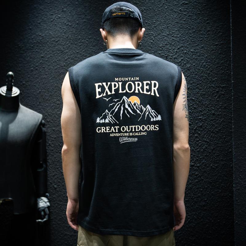 Spring and Summer sleeveless T-shirt vest mens loose fashion brand ins plus size waistcoat half sleeve American sports short sleeve T-shirt 12 Black [Explorer]] - Image 1