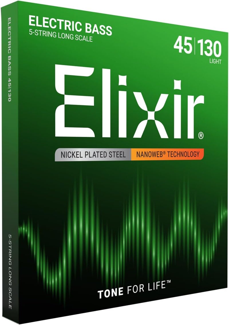 Elixir 14202 Nickel Plated Steel 5-String Electric Bass Guitar Strings with NANOWEB Coating, Long Scale, Light (.045-.130) - Image 1