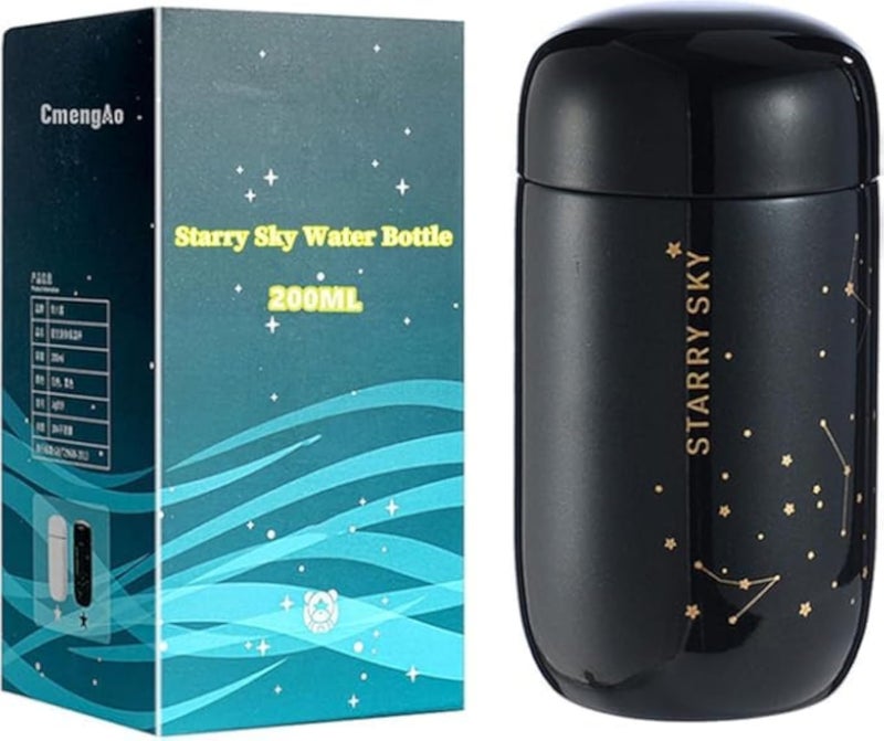 زجاجة مياه حرارية صغيرة بنقشة السماء المرصعة بالنجوم، زجاجة معزولة بتفريغ الهواء من الفولاذ المقاوم للصدأ سعة 7 أونصات، قارورة جيب للعشاق (أسود)