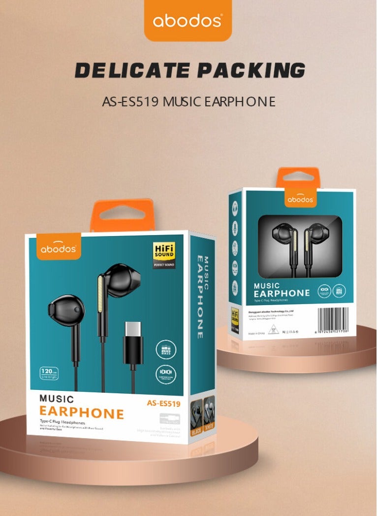 Abodos AS-ES519 Type-C Earphones – In-Ear Wired Headphones with Mic & Remote Control, High-Resolution Sound (Black) - Image 1