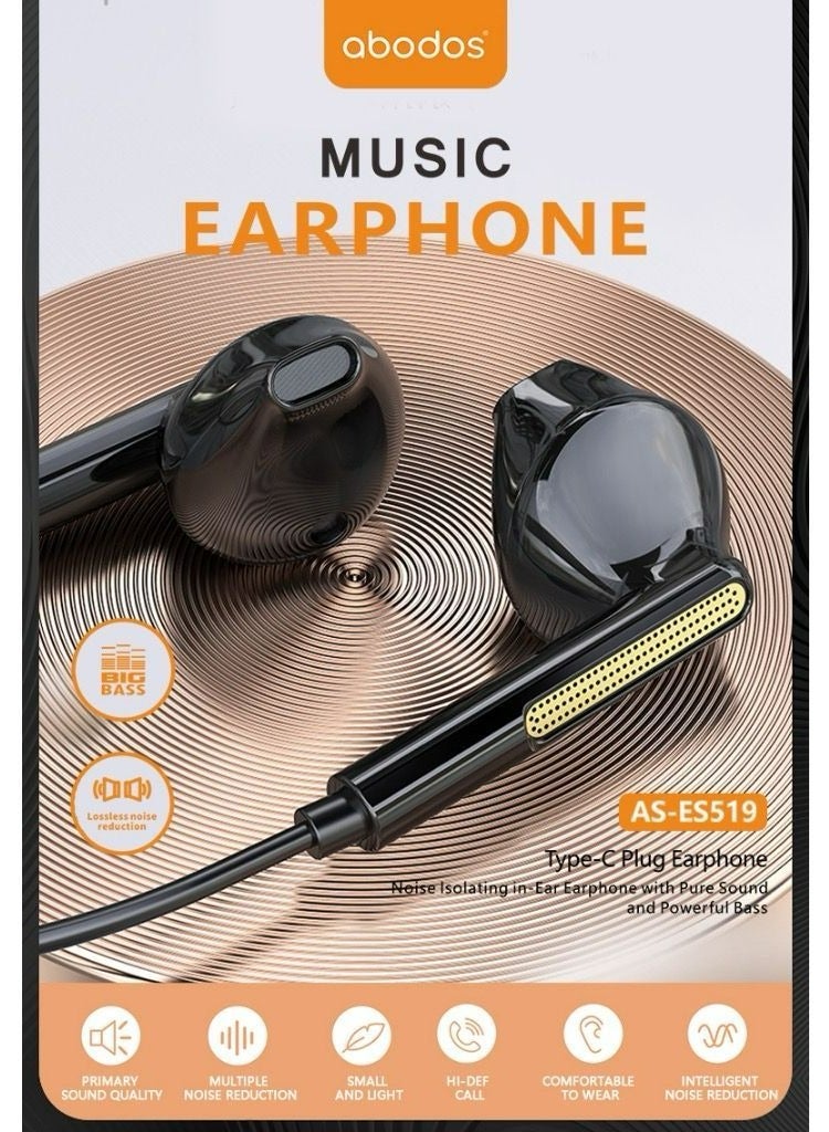 Abodos AS-ES519 Type-C Earphones – In-Ear Wired Headphones with Mic & Remote Control, High-Resolution Sound (Black) - Image 3