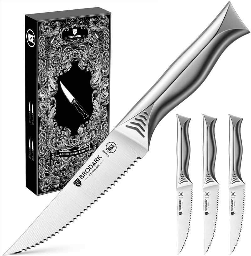 BRODARK Steak Knives Set of 4: 4.5 Inch Serrated Steak Knives - High Carbon Stainless Steel Kitchen Steak Knife Set - Never Need Sharpening - NSF Certified, Shark Series - Image 1