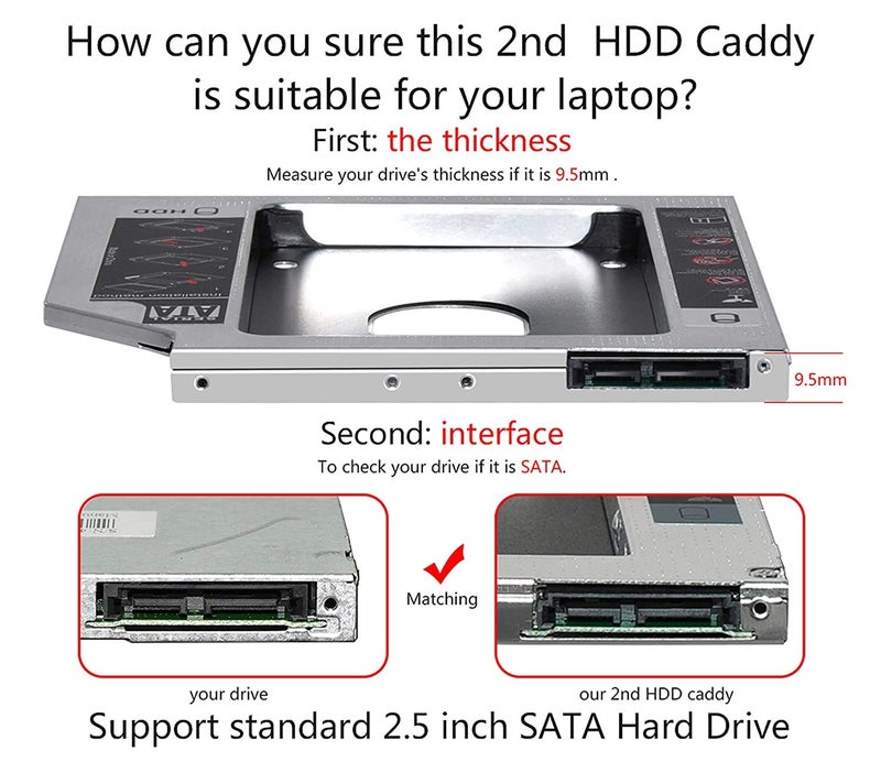 Laptrix Universal 9.5mm SATA to SATA 2nd SSD HDD Hard Drive Caddy Adapter Tray Enclosures for DELL HP Lenovo ThinkPad ACER Gateway ASUS Sony Samsung MSI Laptop (9.5mm Universal Caddy) - Image 5