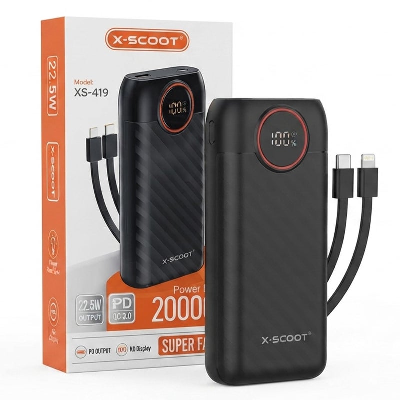 XS-419 20000mAh Power Bank, 22.5W PD & QC 3.0 Fast Charging Portable Charger, Built-in Lightning & Type-C Cables, LED Display, Battery Pack for iPhone, Android & Tablets - Image 1