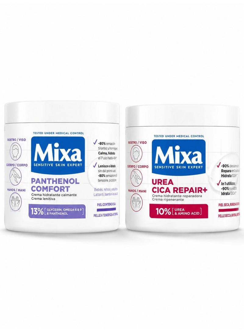 Mixa Panthenol Comfort, 13% Glycerin, Omega 6 & 9 & Panthenol - 400ml & Mixa Urea Cica Repair+, 10% Urea & Amino Acid -400ml Bundle - Image 1