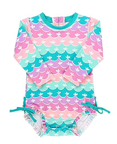 RuffleButts Baby Girls UPF 50+ Sun Protection Novelty Print Long Sleeve One Piece Rash Guard Swimsuit with Zipper - Mermaid/Aqua, 3T - Image 1