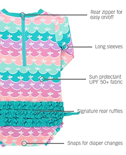 RuffleButts Baby Girls UPF 50+ Sun Protection Novelty Print Long Sleeve One Piece Rash Guard Swimsuit with Zipper - Mermaid/Aqua, 3T - Image 4