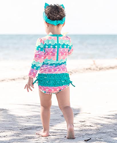 RuffleButts Baby Girls UPF 50+ Sun Protection Novelty Print Long Sleeve One Piece Rash Guard Swimsuit with Zipper - Mermaid/Aqua, 3T - Image 3