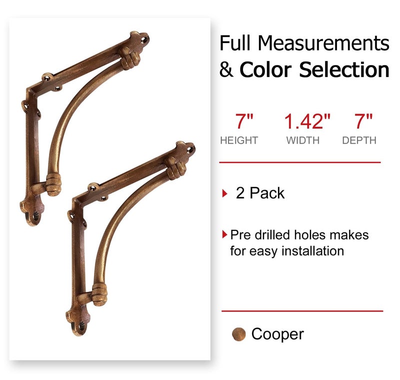 NACH Decorative Shelf Brackets, 4 Pack of 5.5 x 1.2 x 5.5 inch Copper Cast Iron Shelf Brackets - Decorative Brackets for Mounting - Half Round Style Brackets - Image 3