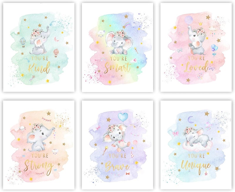 Canssape Elephant Nursery Wall Decor Set of 6 Baby Girl Room Decor for Nursery 8"x10" Star Wall Art Prints | You Are Loved | Baby Elephant Nursery Decor(Unframed) - Image 1