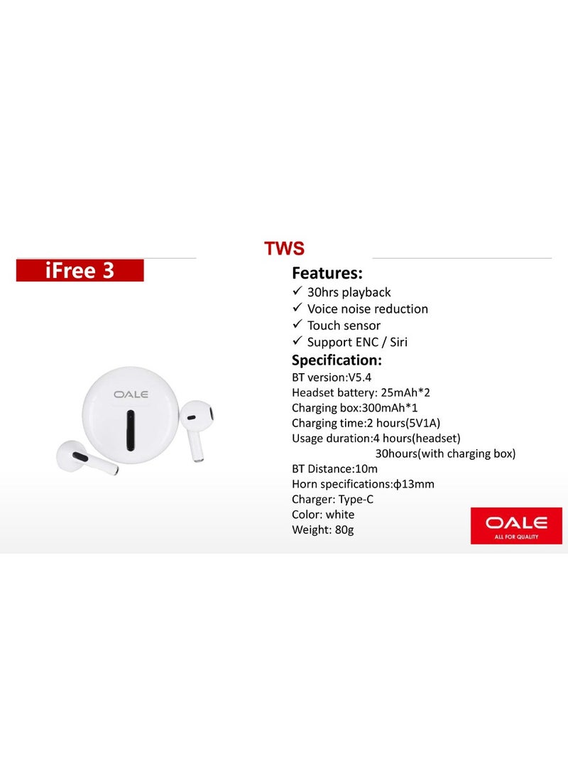 OALE - iFree 3 Wireless Bluetooth Earphones, High Quality Sound with Noise Reduction TWS - Image 1