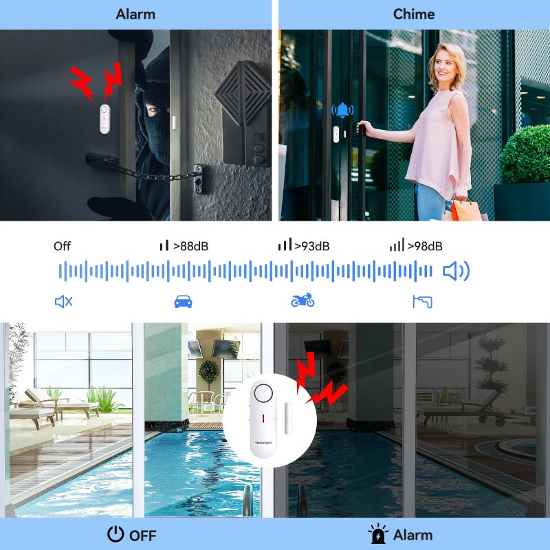 TECKNET Door Alarms for Kids Safety, Window Alarm Pool Alarms Door Alarm for Home Security, 2-in-1 Alarm & Chime, 3-Level Volume Control, Wireless Alarm for House Hotel Cars Sheds Caravans (6 Pack) - Image 2