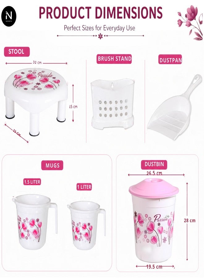 Novesto Bathroom Set with Large Capacity - 20 LTR & 7 LTR Bucket, 8 LTR 22 LTR Deep Tub, Mug 1.5 LTR & 1 LTR, and Clean Up Bin in Elegant White Pink (Queen) Floral Print. - Image 3