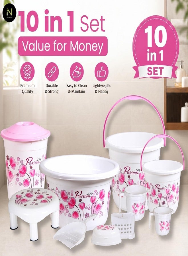 Novesto Bathroom Set with Large Capacity - 20 LTR & 7 LTR Bucket, 8 LTR 22 LTR Deep Tub, Mug 1.5 LTR & 1 LTR, and Clean Up Bin in Elegant White Pink (Queen) Floral Print. - Image 2