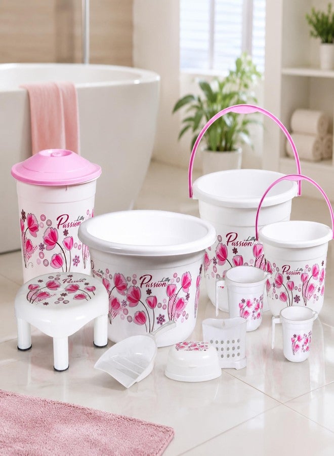 Novesto Bathroom Set with Large Capacity - 20 LTR & 7 LTR Bucket, 8 LTR 22 LTR Deep Tub, Mug 1.5 LTR & 1 LTR, and Clean Up Bin in Elegant White Pink (Queen) Floral Print. - Image 1