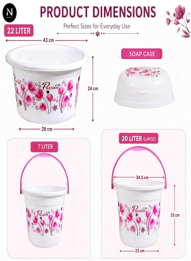 Novesto Bathroom Set with Large Capacity - 20 LTR & 7 LTR Bucket, 8 LTR 22 LTR Deep Tub, Mug 1.5 LTR & 1 LTR, and Clean Up Bin in Elegant White Pink (Queen) Floral Print. - Image 4