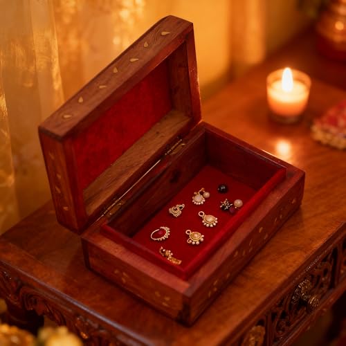 GURU JEEHand Crafted Wooden Decorative Trinket Jewelry Box Organiser Floral Carvings And Brass Inlay Centre Flower - Image 5