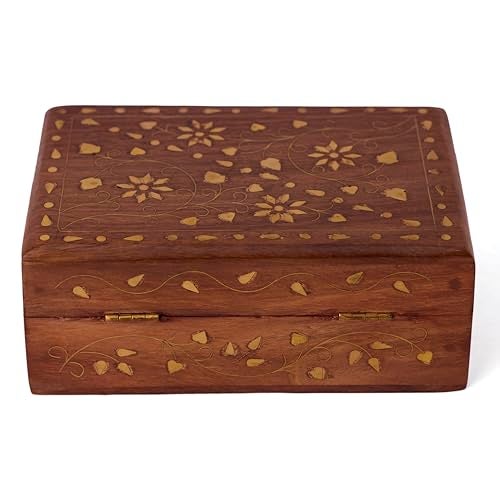 GURU JEEHand Crafted Wooden Decorative Trinket Jewelry Box Organiser Floral Carvings And Brass Inlay Centre Flower - Image 2