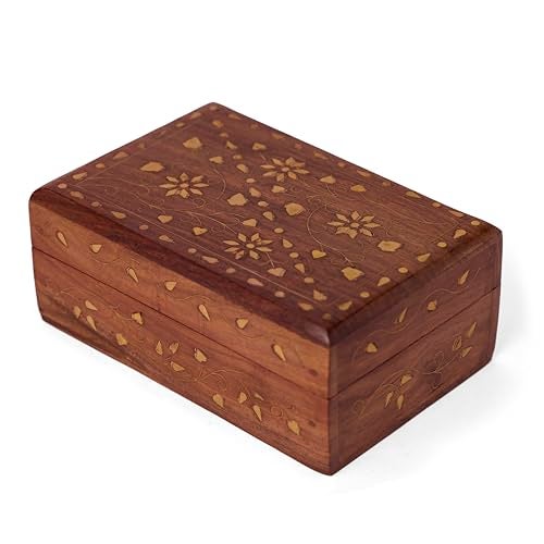 GURU JEEHand Crafted Wooden Decorative Trinket Jewelry Box Organiser Floral Carvings And Brass Inlay Centre Flower - Image 1