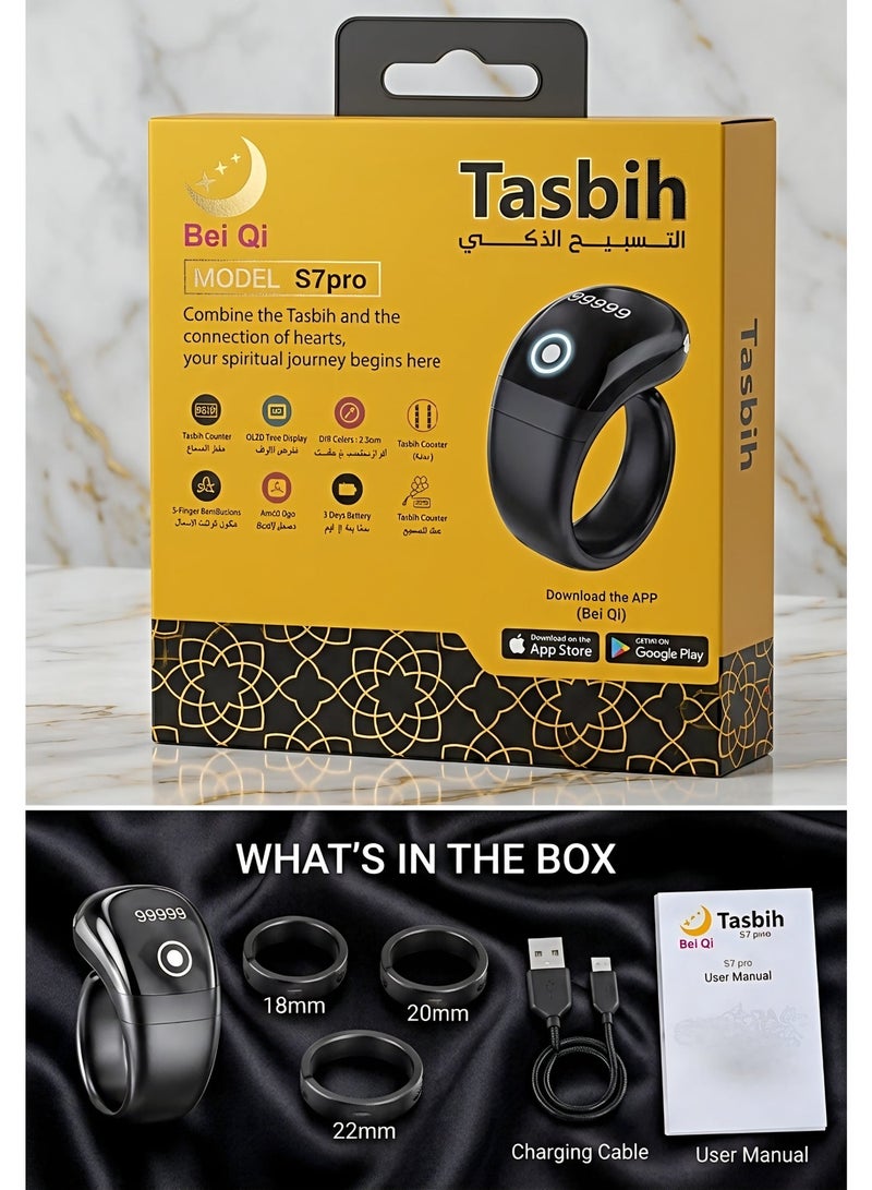 Smart Digital Tasbih Ring S7 Pro with OLED Display, App Connectivity, Prayer Reminder, Rechargeable Zikr Counter Ring, 3 Adjustable Sizes (18mm/20mm/22mm), Black - Image 2